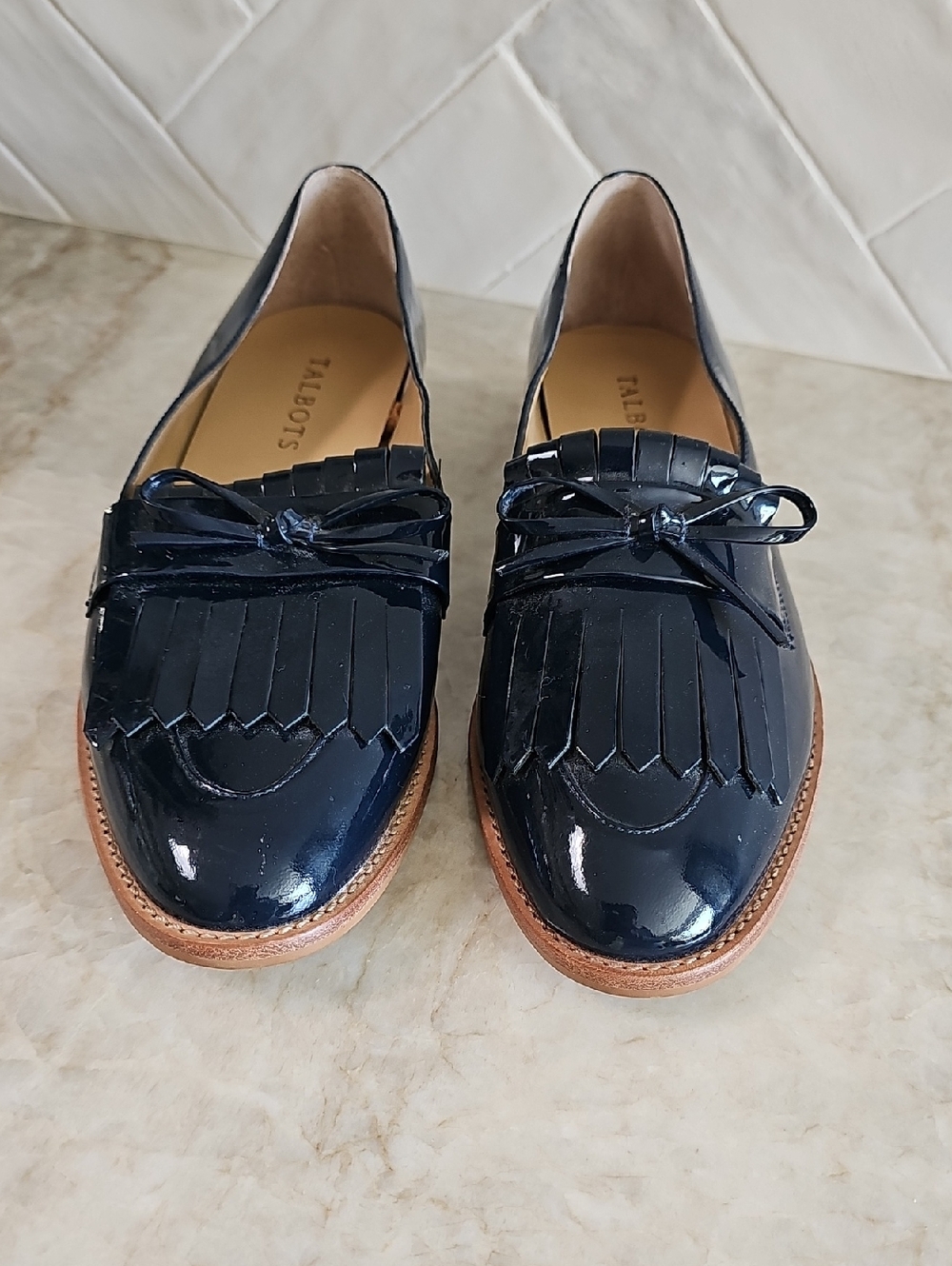 Talbots Navy Patent Leather Kiltie Tie Loafers